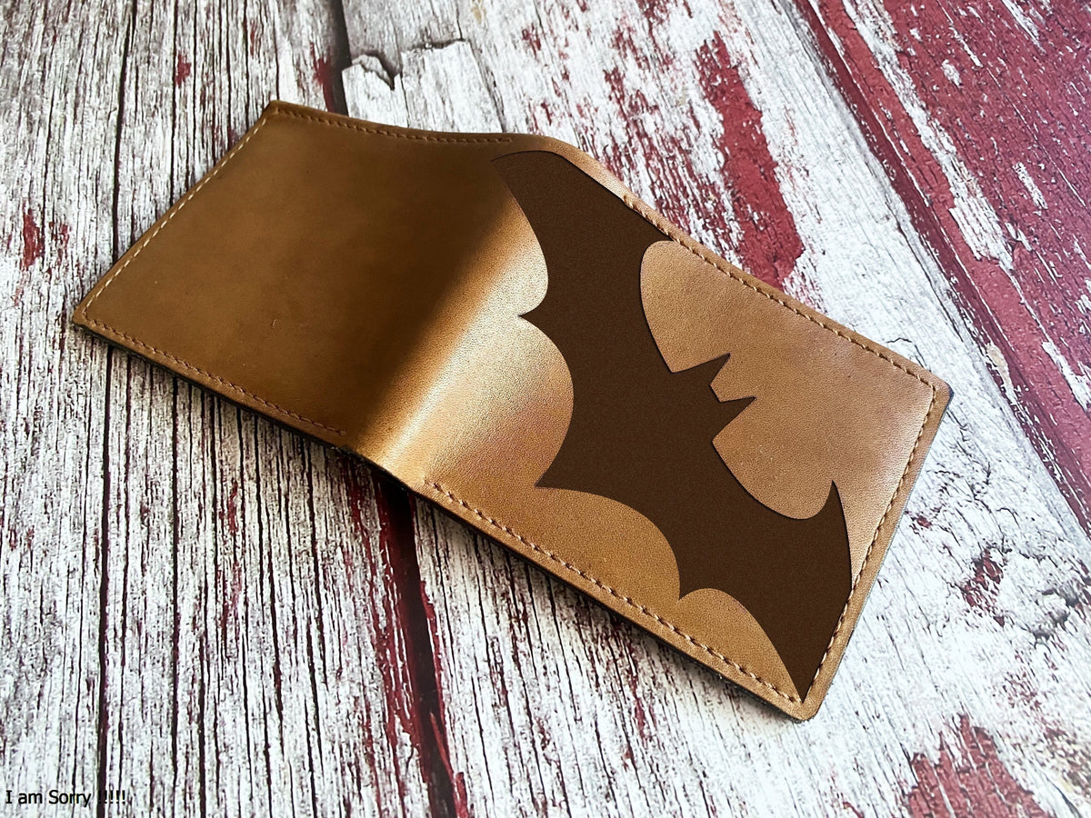 Bat logo leather men's wallet, custom engraving leather wallet, superheroes art present for boyfriend, meaningful gift for dad, husband