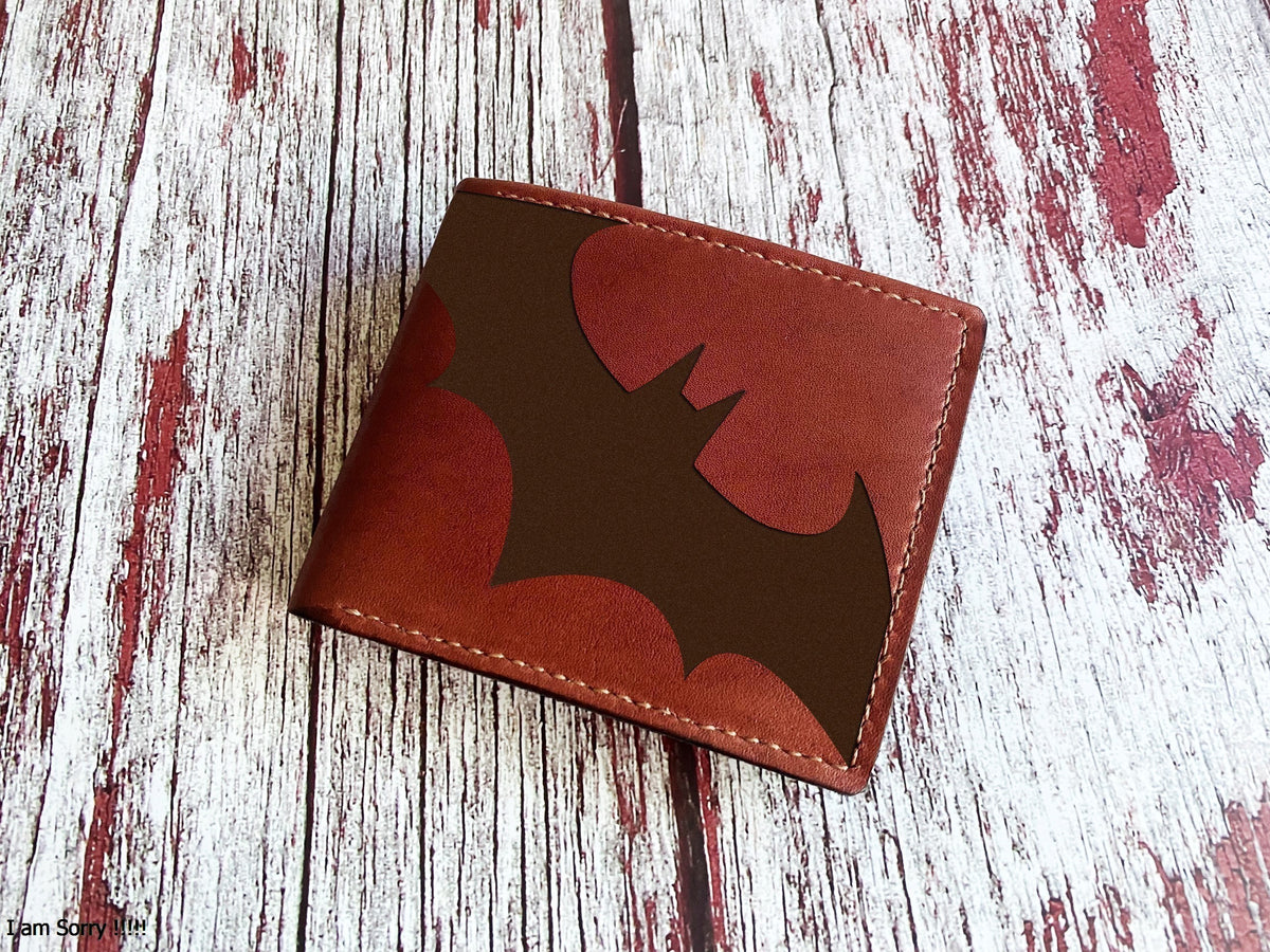 Bat logo leather men's wallet, custom engraving leather wallet, superheroes art present for boyfriend, meaningful gift for dad, husband