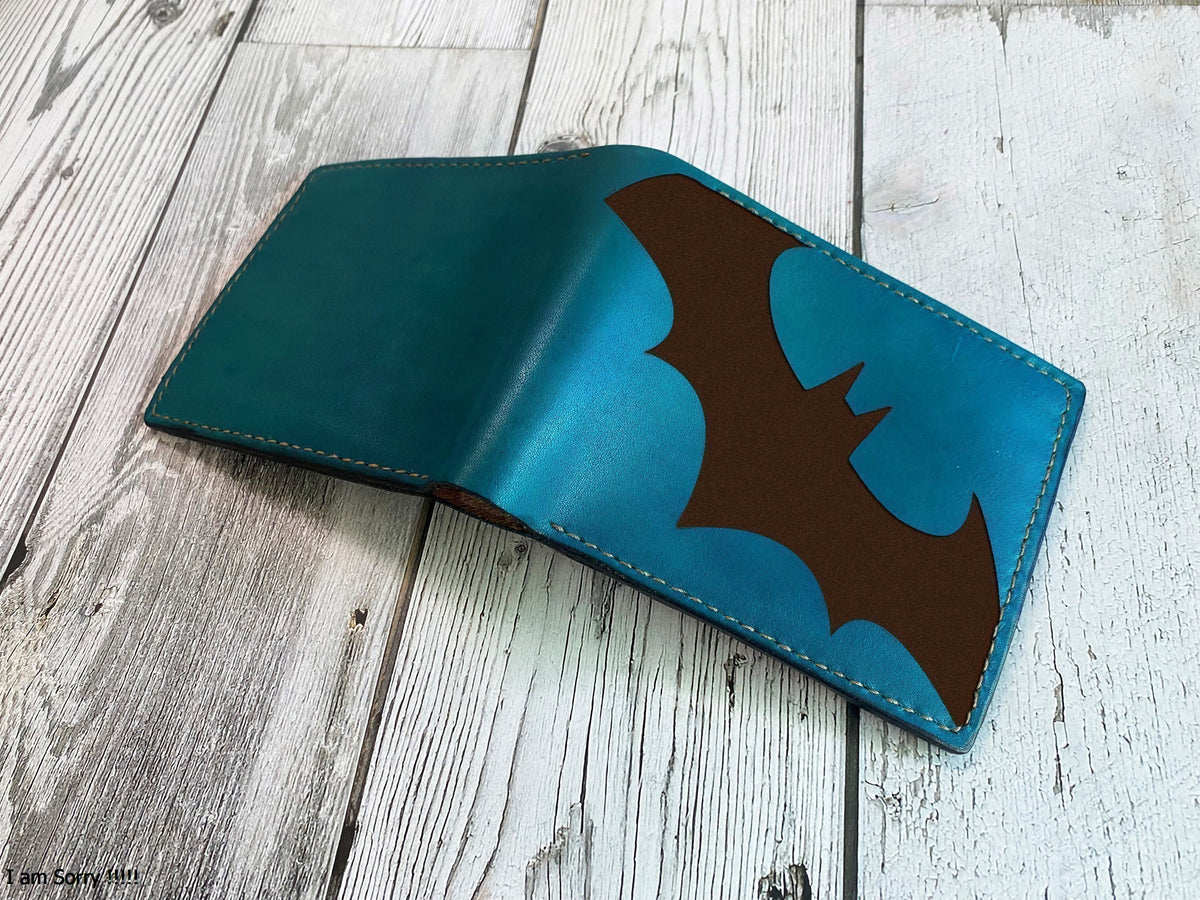 Bat logo leather men's wallet, custom engraving leather wallet, superheroes art present for boyfriend, meaningful gift for dad, husband