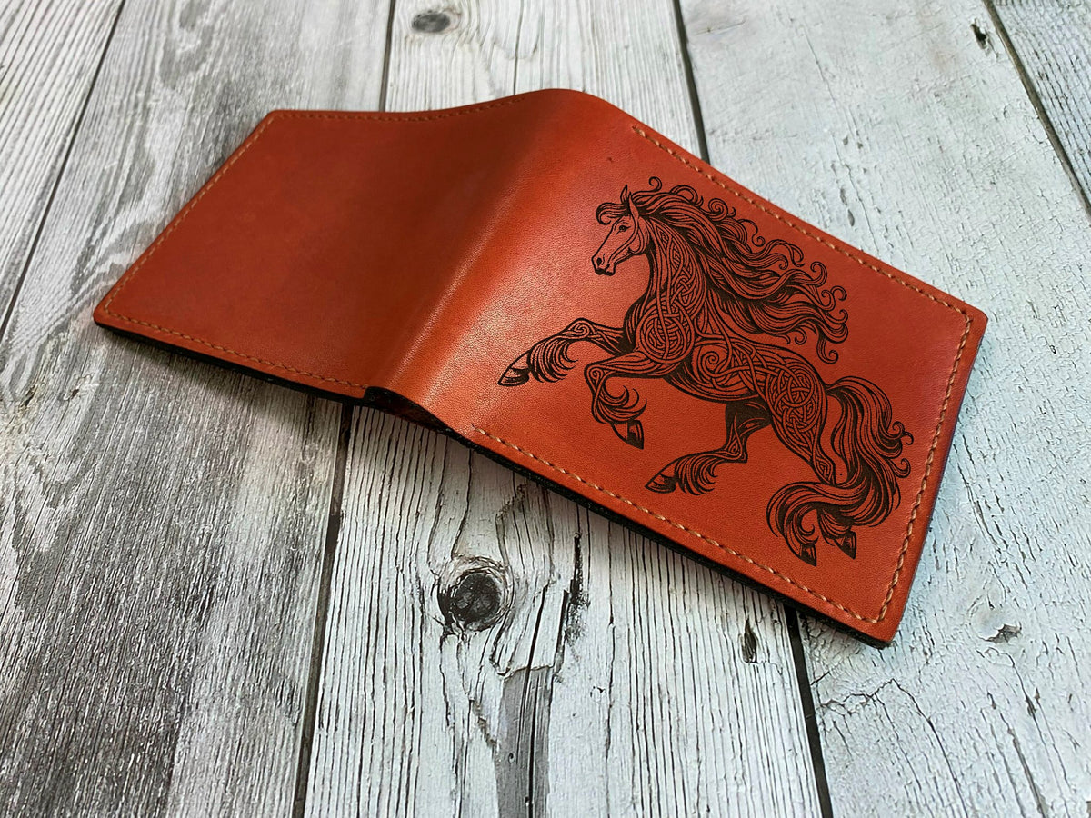 Custom leather gift for men, Celtic pattern leather wallet, horse gift for boyfriend, wallet for husband, horse art leather anniversary gift