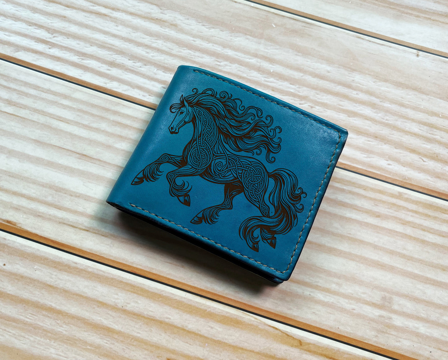 Custom leather gift for men, Celtic pattern leather wallet, horse gift for boyfriend, wallet for husband, horse art leather anniversary gift