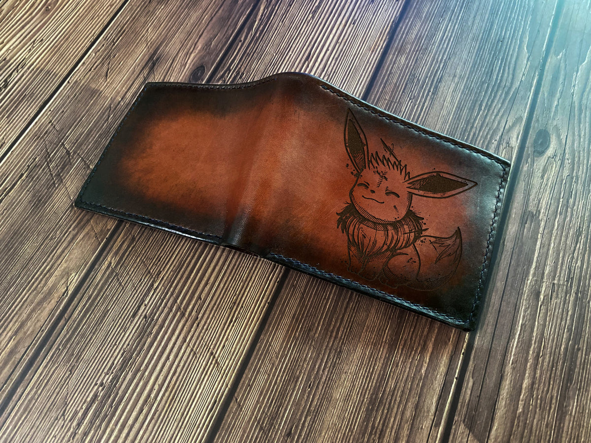 Eevee drawing cute art, custom genuine leather men's wallet, bifold pokemon men's wallet, wallet for kid, pokemon birthday present for him