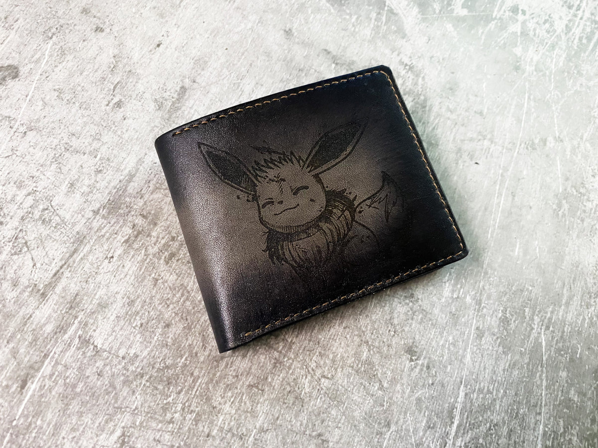 Eevee drawing cute art, custom genuine leather men's wallet, bifold pokemon men's wallet, wallet for kid, pokemon birthday present for him