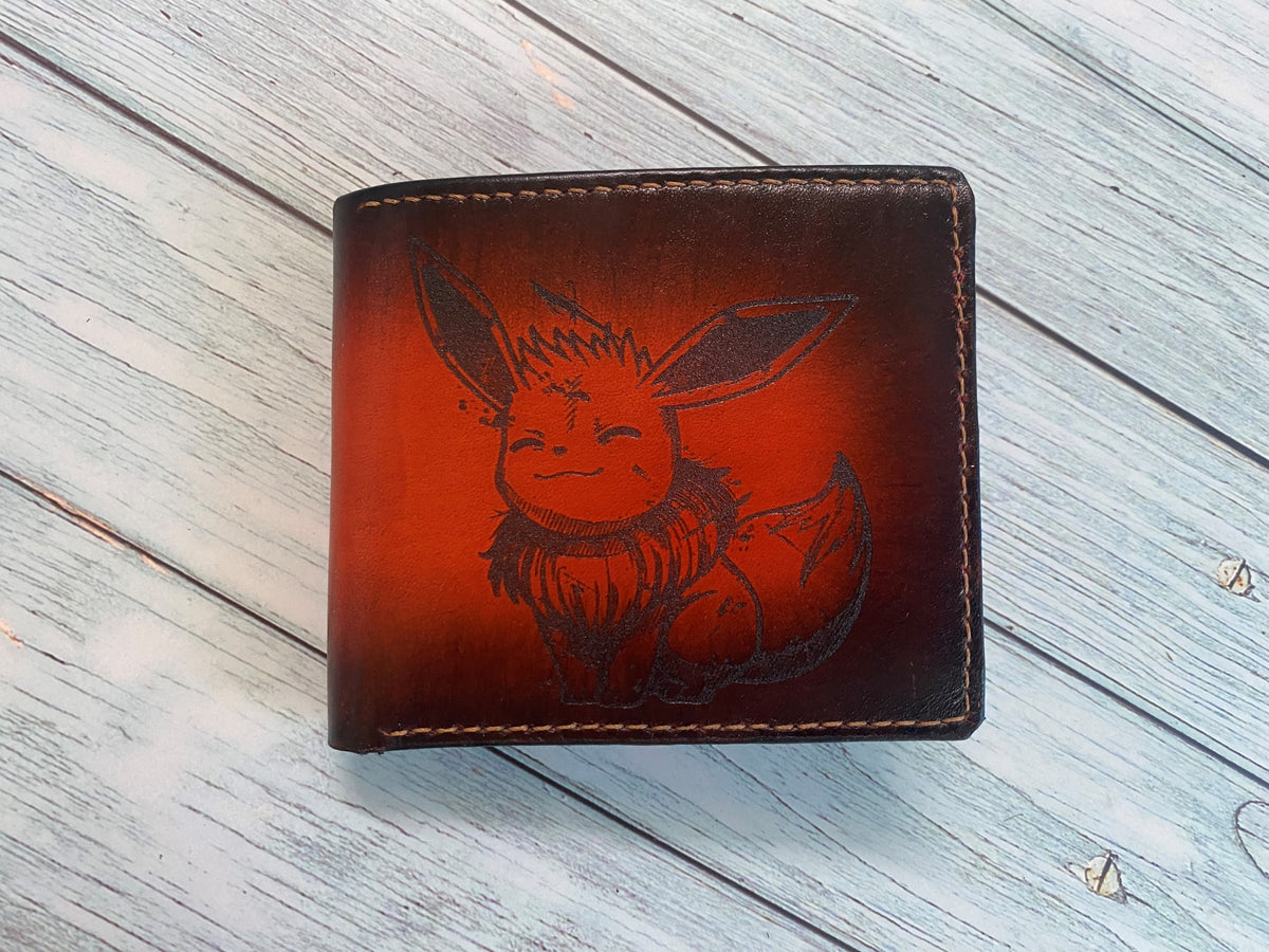 Eevee drawing cute art, custom genuine leather men's wallet, bifold pokemon men's wallet, wallet for kid, pokemon birthday present for him