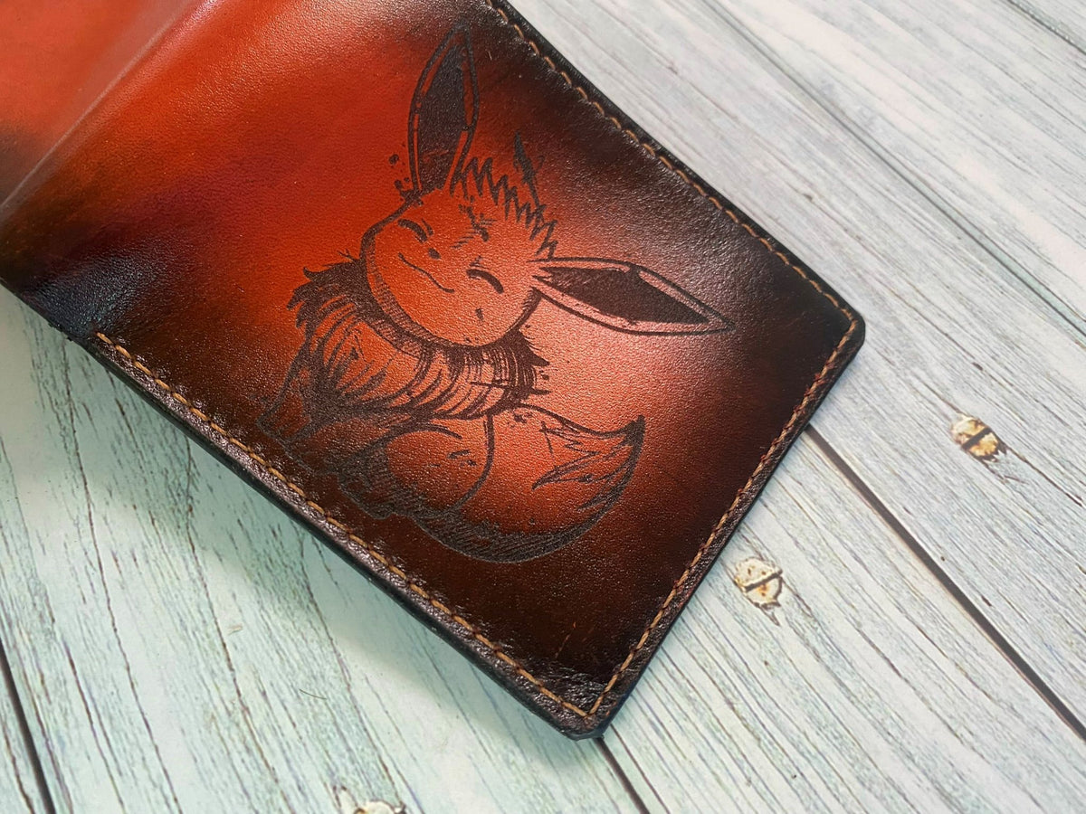 Eevee drawing cute art, custom genuine leather men's wallet, bifold pokemon men's wallet, wallet for kid, pokemon birthday present for him