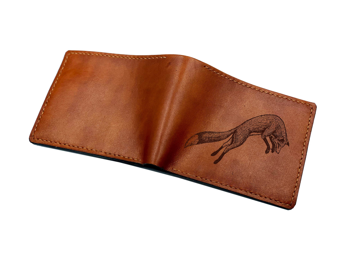 Fox drawing leather men's wallet, custom engrave leather wallet, animal forest art present, gift for dad, xmas gift for boyfriend, husband
