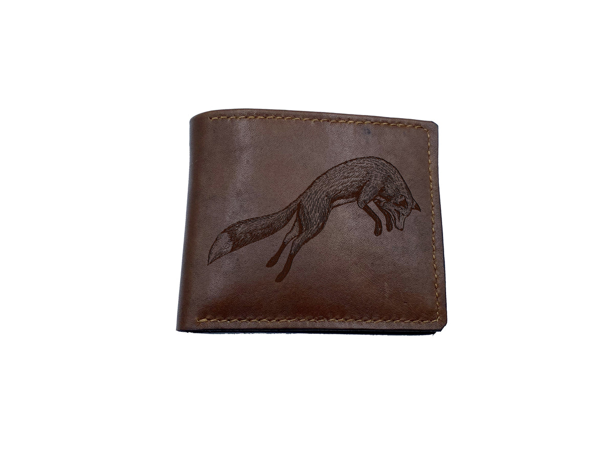 Fox drawing leather men's wallet, custom engrave leather wallet, animal forest art present, gift for dad, xmas gift for boyfriend, husband