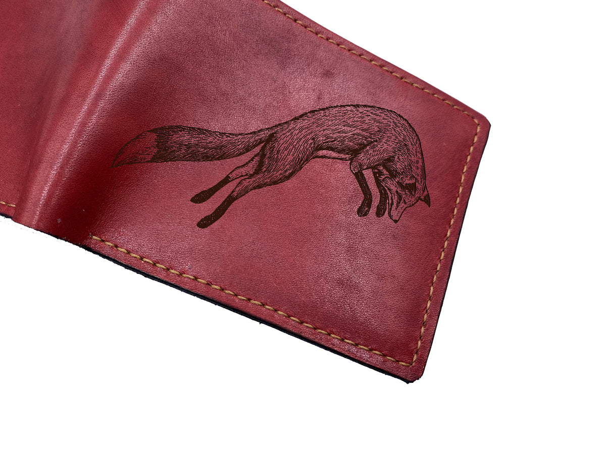 Fox drawing leather men's wallet, custom engrave leather wallet, animal forest art present, gift for dad, xmas gift for boyfriend, husband