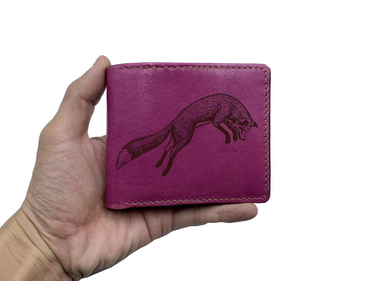 Fox drawing leather men's wallet, custom engrave leather wallet, animal forest art present, gift for dad, xmas gift for boyfriend, husband
