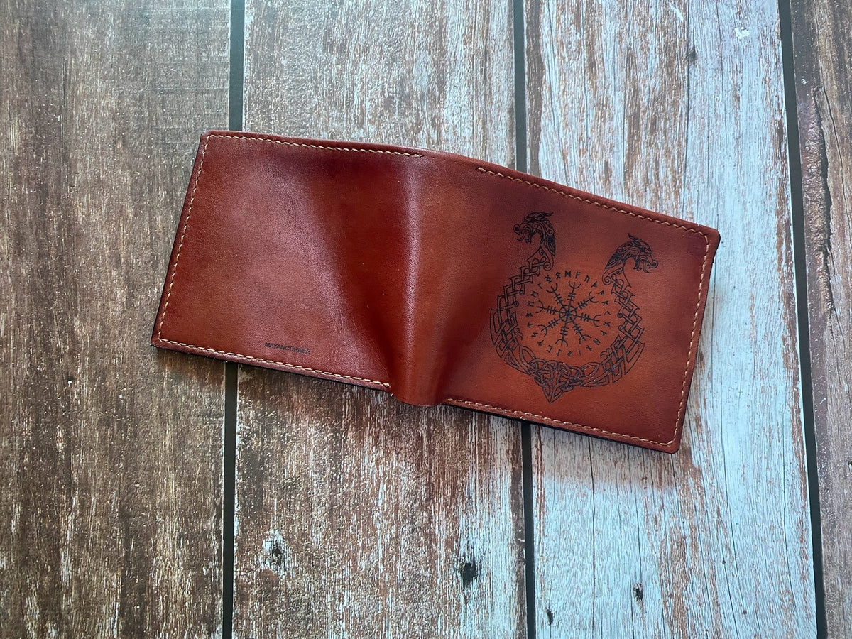 Custom leather men's wallet, norse runes celtic viking symbol wallet, bifold engraved wallet, gift for him