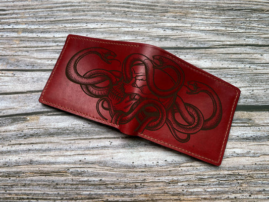 Human skull skeleton engrave pattern wallet, snake skull gift ideas, snake wallet for husband, boyfriend