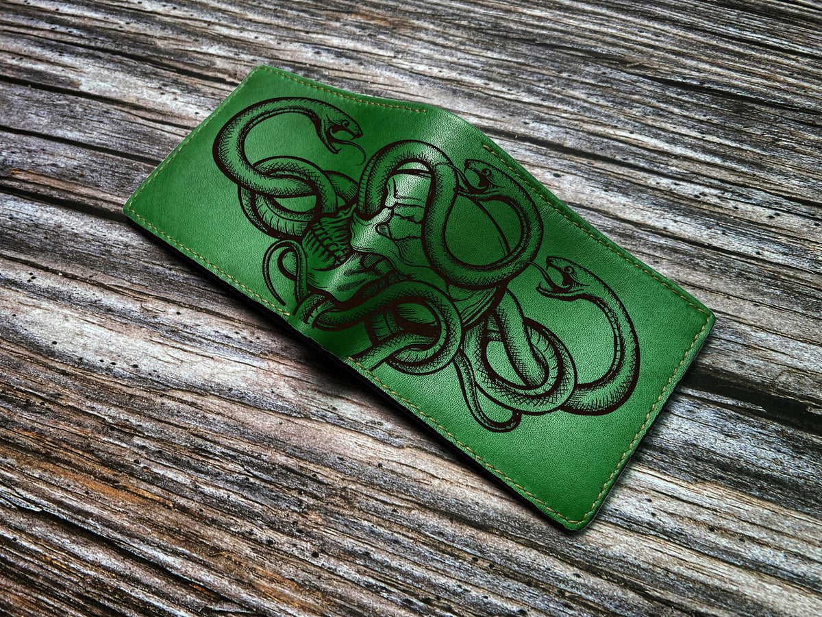 Human skull skeleton engrave pattern wallet, snake skull gift ideas, snake wallet for husband, boyfriend