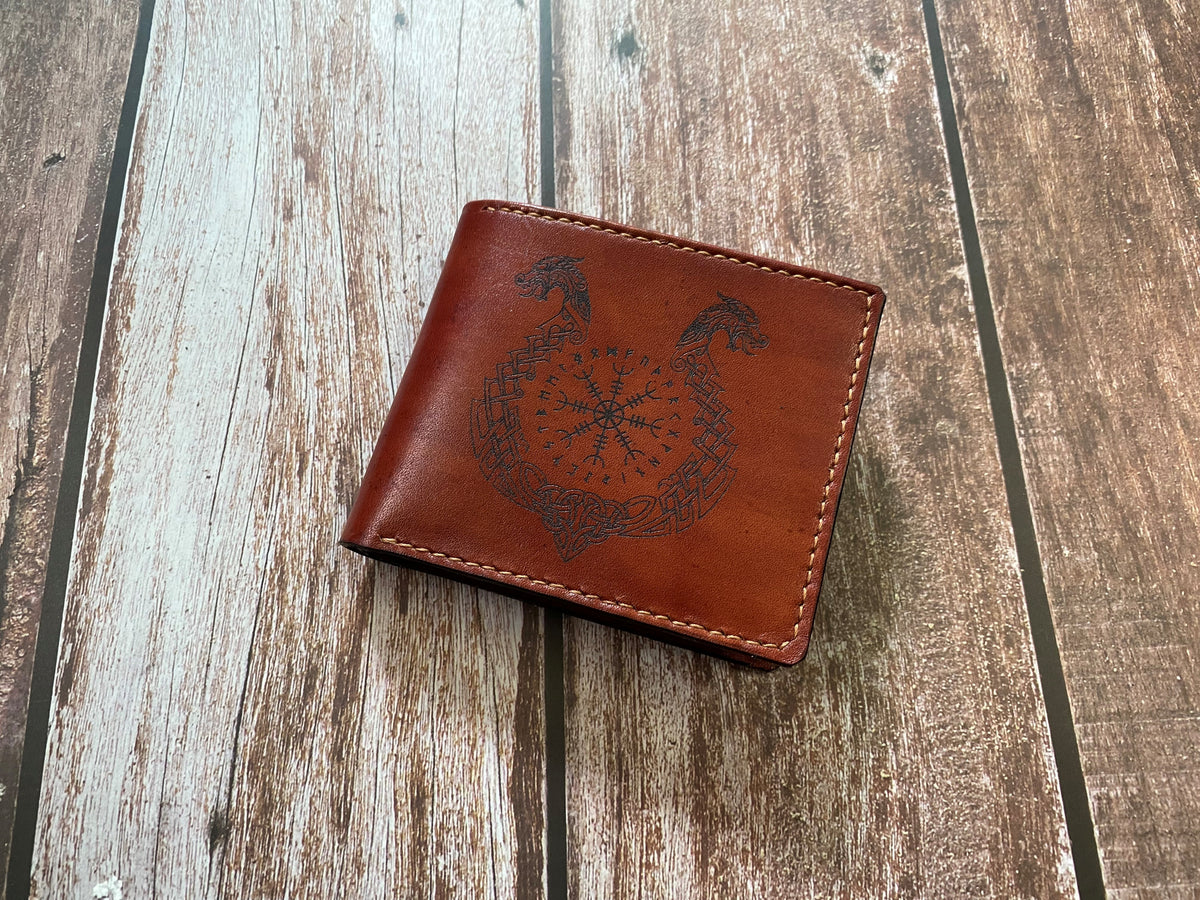 Custom leather men's wallet, norse runes celtic viking symbol wallet, bifold engraved wallet, gift for him