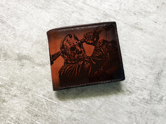 Jason Voorhees leather men's wallet, custom gift for men, horror characters movie present, Halloween gift for him, Friday the 13th men gift