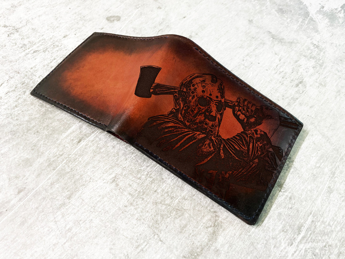Jason Voorhees leather men's wallet, custom gift for men, horror characters movie present, Halloween gift for him, Friday the 13th men gift