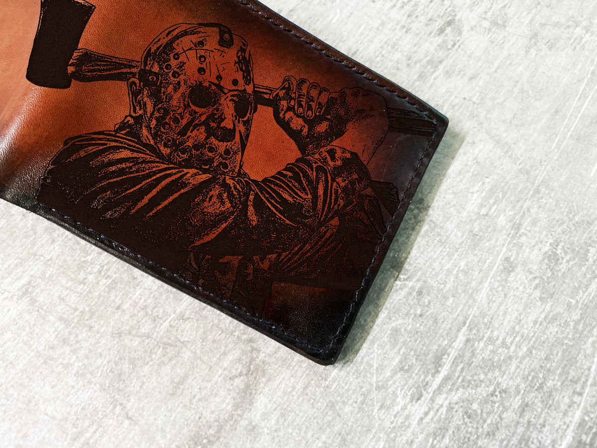 Jason Voorhees leather men's wallet, custom gift for men, horror characters movie present, Halloween gift for him, Friday the 13th men gift