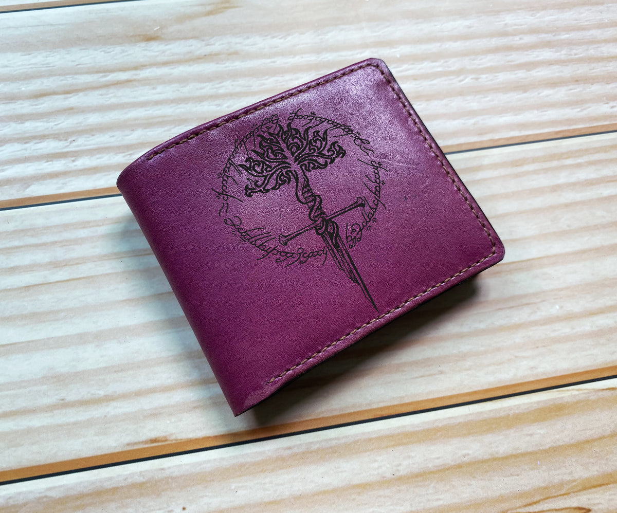 The lord of the rings leather men's wallet, Gondor tree sword with Ring Verse art wallet, Gondor broken sword pattern, birthday gift for men