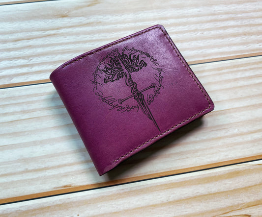 The lord of the rings leather men's wallet, Gondor tree sword with Ring Verse art wallet, Gondor broken sword pattern, birthday gift for men