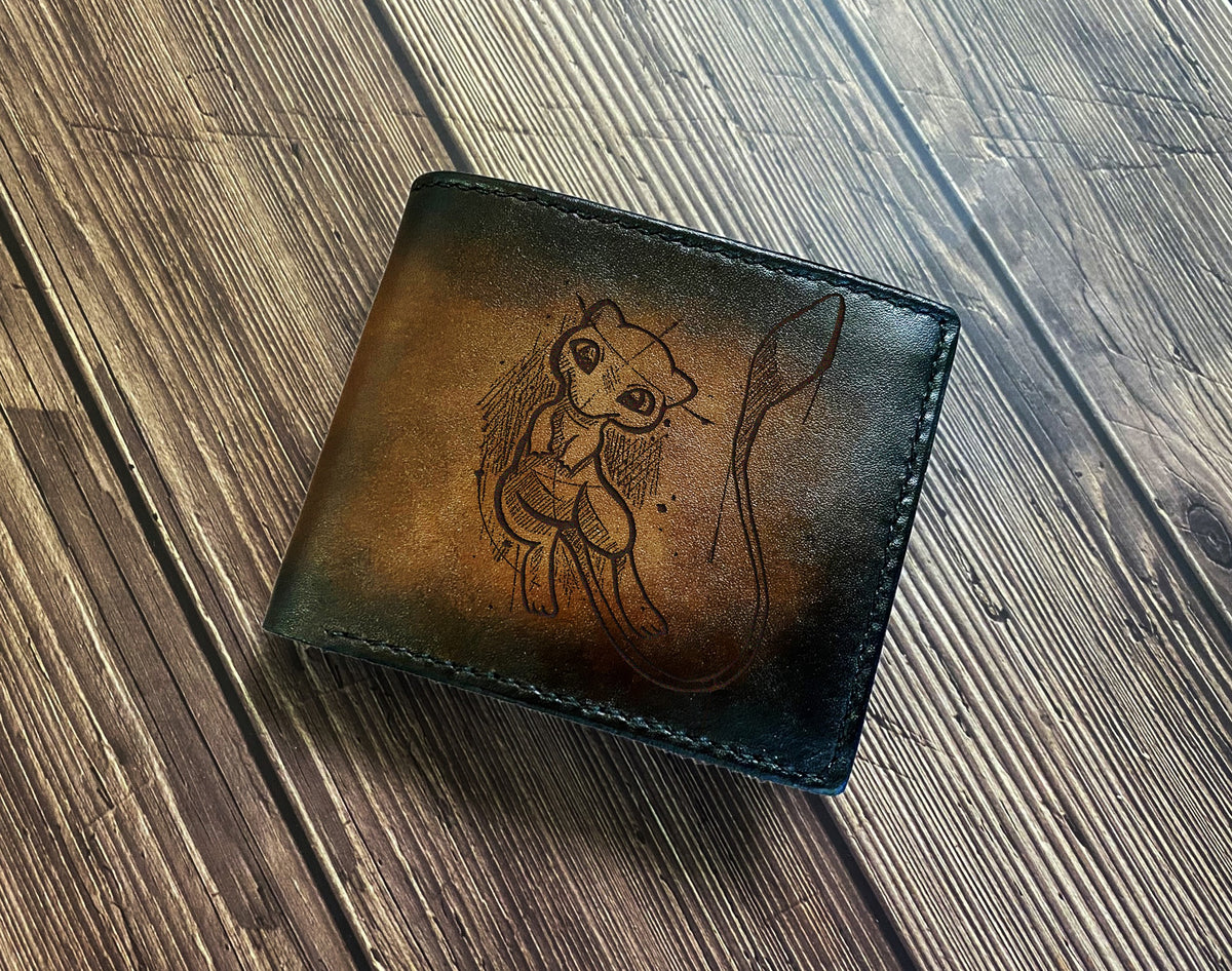 Mew Mythical Pokemon art leather wallet, Legendary pokemon gift ideas, Mew cat pokemon drawing, wallet for him, customized gift for boy