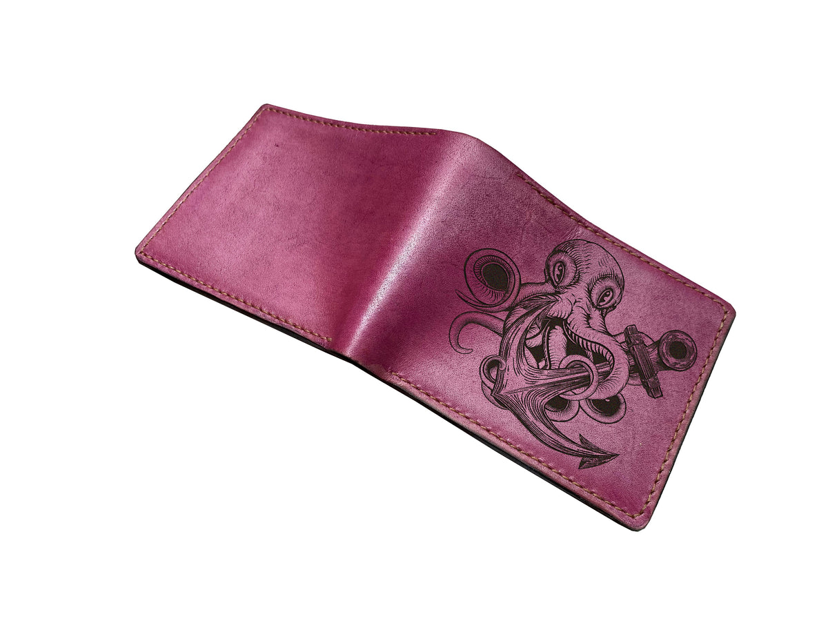 Octopus Kraken leather wallet, customized gift ideas for him, sailor seafarer present, steering wheel ocean art wallet for men
