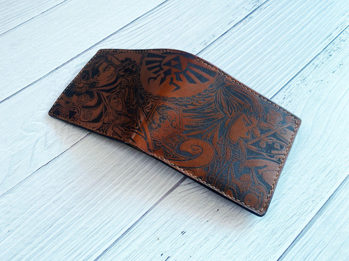 Legend of Zelda leather men's wallet, custom engraving wallet, gift for gamer, Zelda pattern gift for him