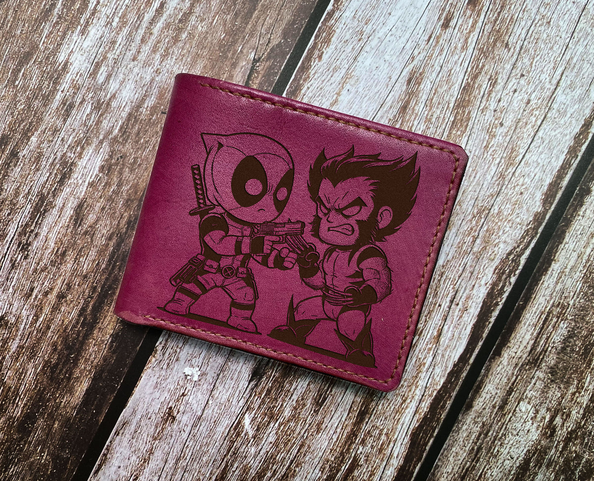 Wolverine Deadpool leather wallet, superheroes chibi style wallet for boyfriend, leather anniversary Marvel art