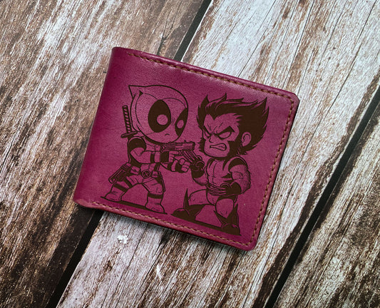 Wolverine Deadpool leather wallet, superheroes chibi style wallet for boyfriend, leather anniversary Marvel art
