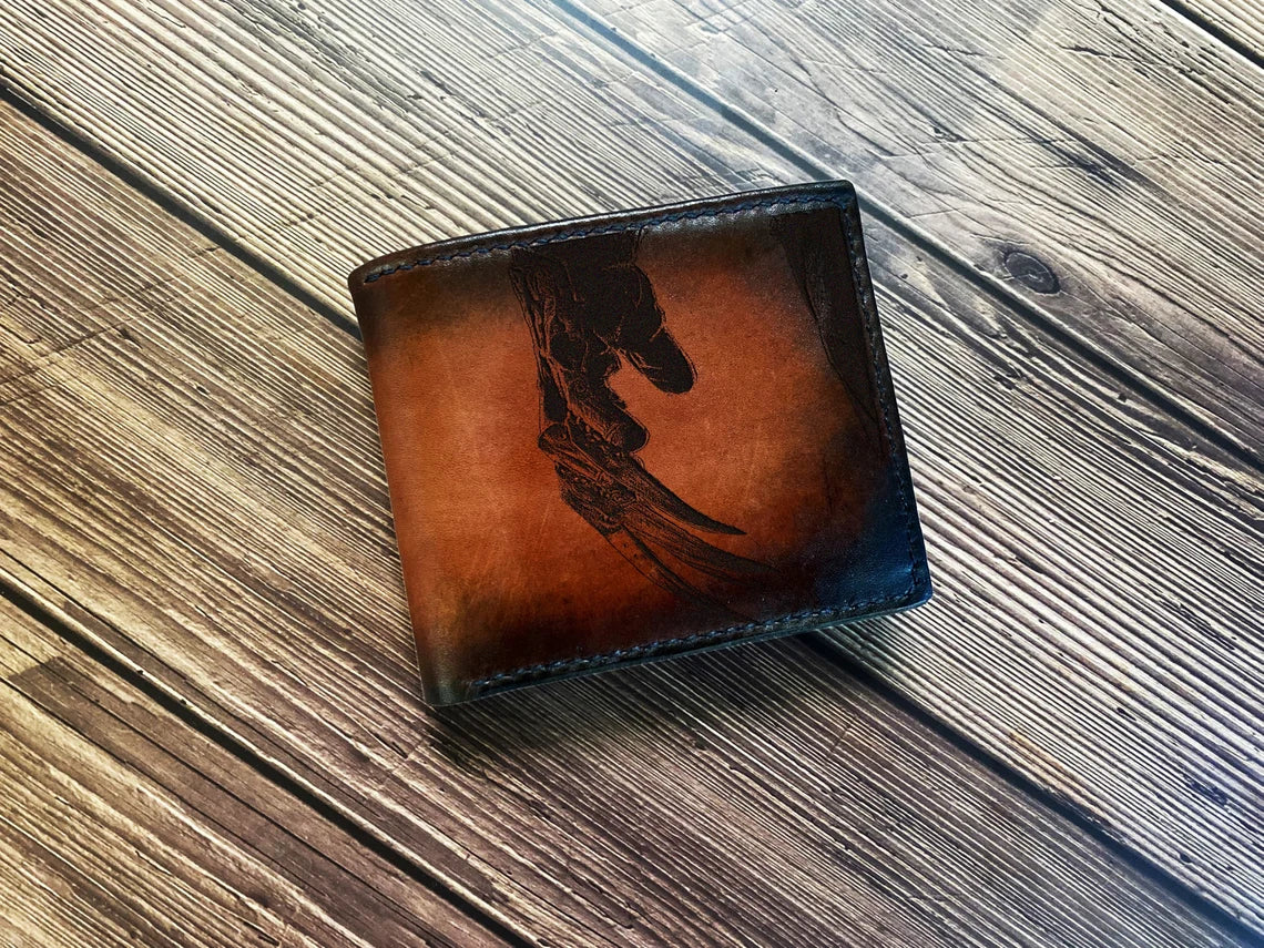 Freddy Krueger handmade men's wallet, custom engrave wallet, horror characters leather wallet, gift ideas for him, Nightmare on Helm Street