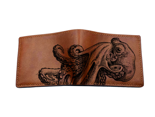 Personalized leather men's wallet, octopus pattern wallet, ocean sea summer gift for him, christmas gift idea for men, sea lover present