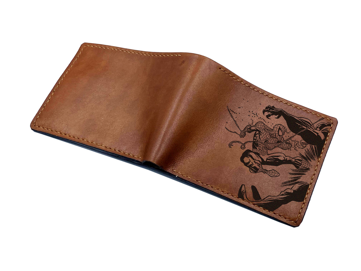 Spiderman fighting venom leather handmade wallet, custom superheroes gift ideas, Spiderman wallet for boyfriend, gift for husband, father