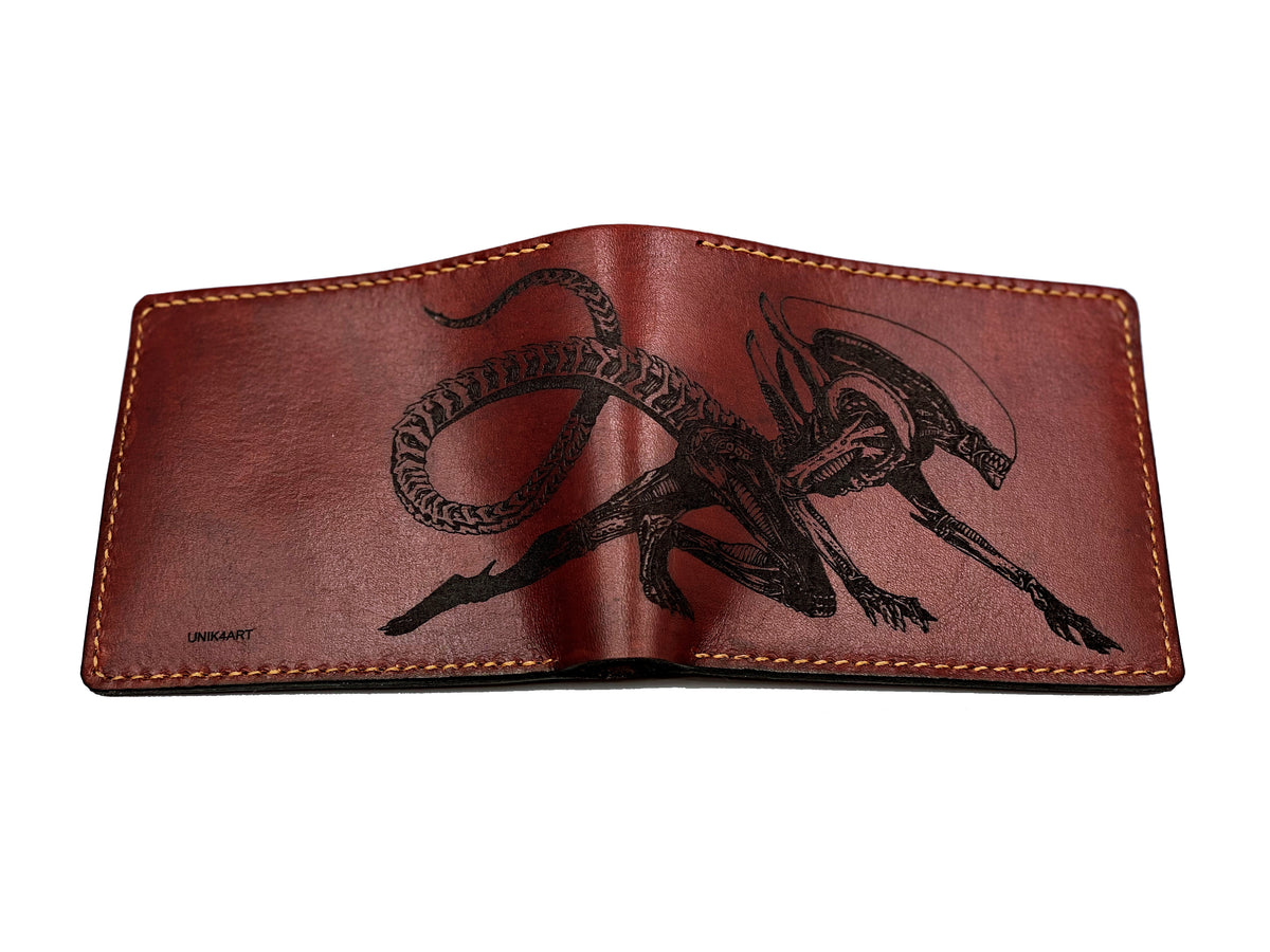 Mayan Corner - Aliens xenomorph monster leather handmade men's wallet, custom gifts for him, father's day gifts, anniversary gift for men