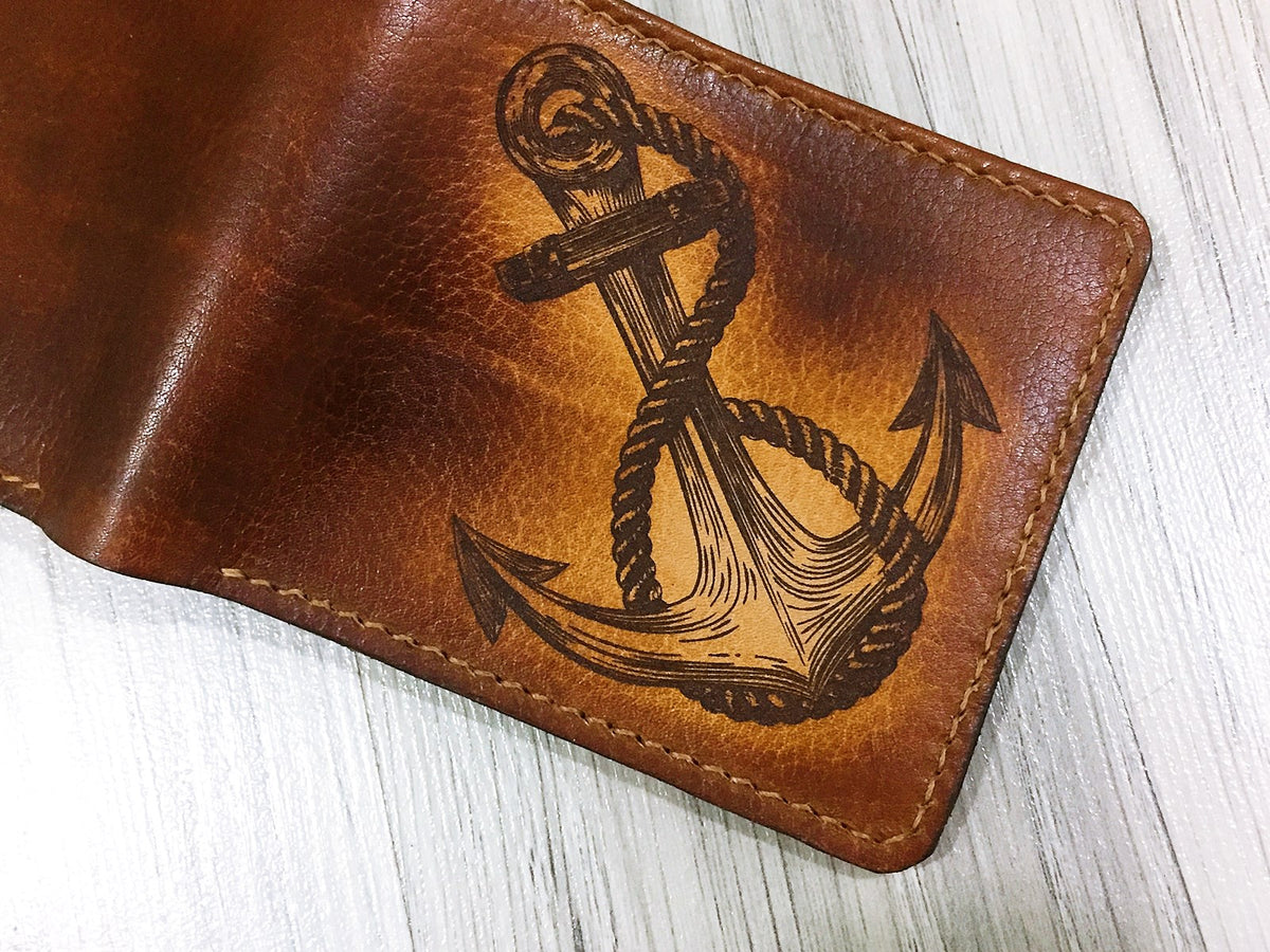Mayan Corner - Anchor leather handmade men's wallet, custom gifts for him, father's day gifts, anniversary gift for men