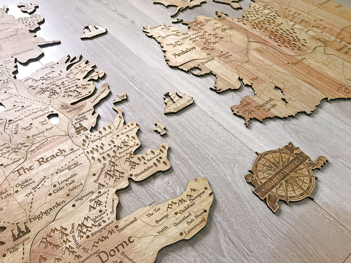 Mayan Corner - Westeros seven kingdom wooden map wall decor, Essos G.G Martin wall art, Game of Thrones details map wall decoration