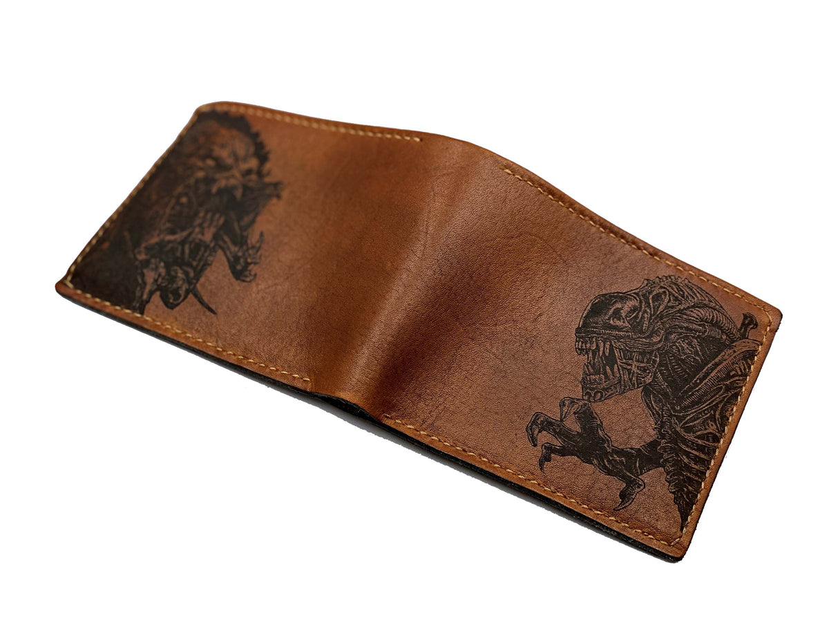 Mayan Corner - Predator vs Aliens xenomorph monster leather handmade men's wallet, custom gifts for him, father's day gifts, anniversary gift for men