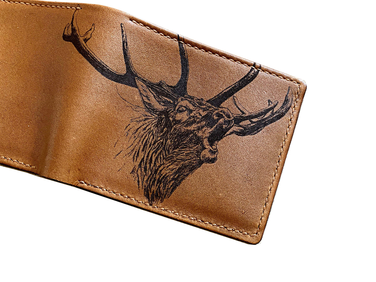 Mayan Corner - Elk Deer Forest hunter leather handmade men's wallet, custom gifts for him, father's day gifts
