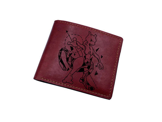 Mayan Corner - Pokemon geometric art leather handmade wallet, leather gift for dad, husband, brother - Mewtwo