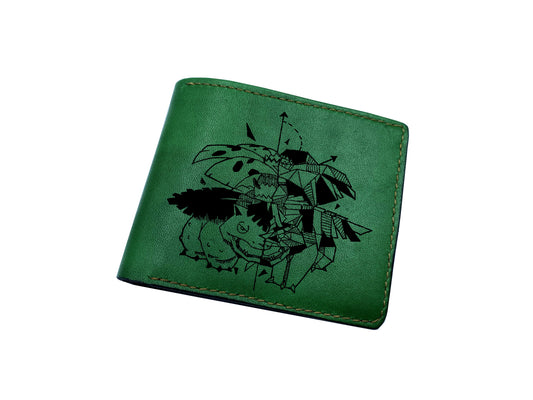 Mayan Corner - Pokemon geometric art leather handmade wallet, leather gift for dad, husband, brother - Venusaur/Fushigibana