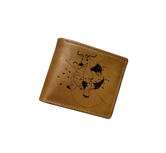 Mayan Corner - Pokemon geometric art leather handmade wallet, leather gift for dad, husband, brother - Dragonite evolution