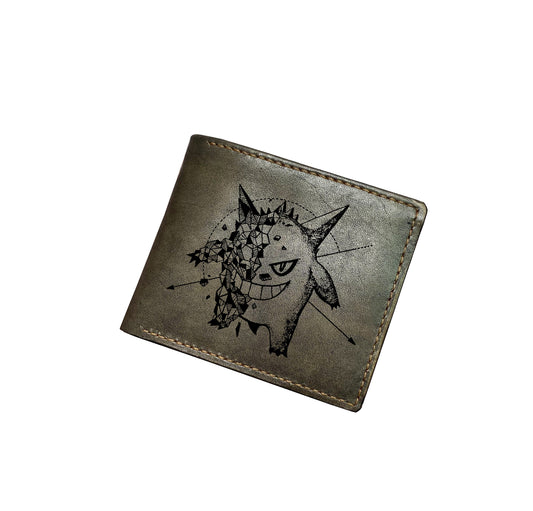 Mayan Corner - Pokemon geometric art leather handmade wallet, leather gift for dad, husband, brother - Gengar ghost pokemon