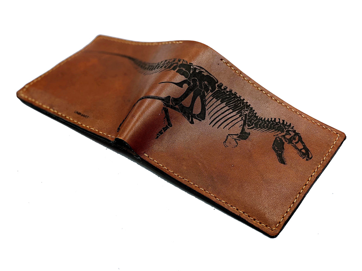 Mayan Corner - T-rex skeleton dinosaurus fossil leather handmade men's wallet, custom gifts for him, father's day gifts, anniversary gift for men