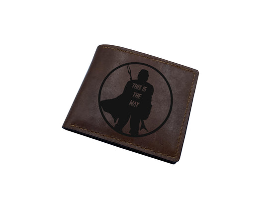 Starwars art wallet, Mandalorian Grugu adventure drawing, leather anniversary present for boyfriend, xmas gift for dad
