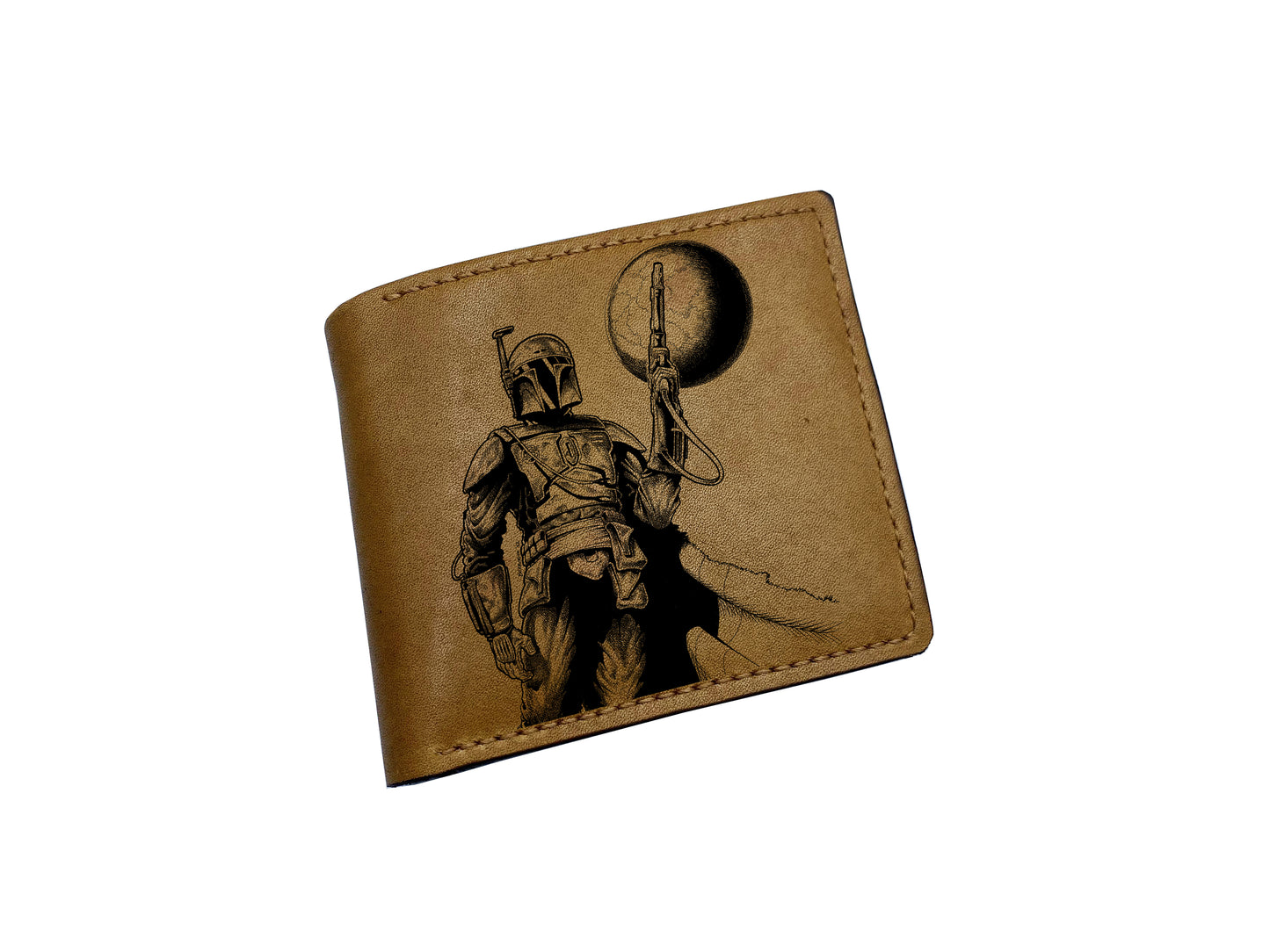 Starwars art wallet, Mandalorian Grugu adventure drawing, leather anniversary present for boyfriend, xmas gift for dad