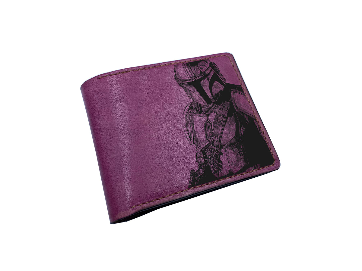 Starwars art wallet, Mandalorian Grugu adventure drawing, leather anniversary present for boyfriend, xmas gift for dad