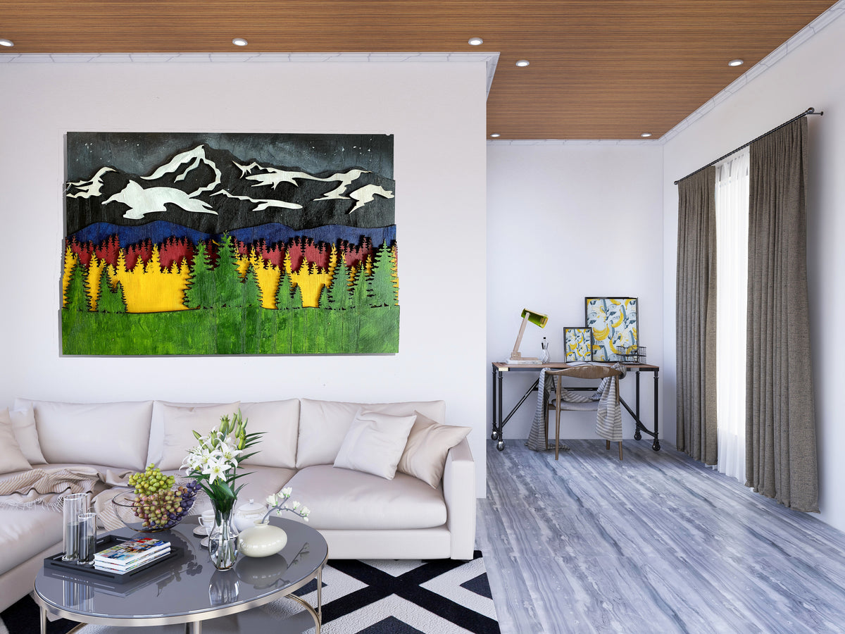 Wooden wall art home decor, Mountain tree landscape 3D multi layers hanging wooden picture, nature scene wall art decor, livingroom kitchen bedroom morden art