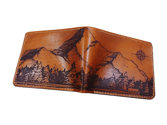 Mayan Corner - Mountain landscape natural leather handmade men's wallet, custom gifts for him, father's day gifts, birthday gift 2021