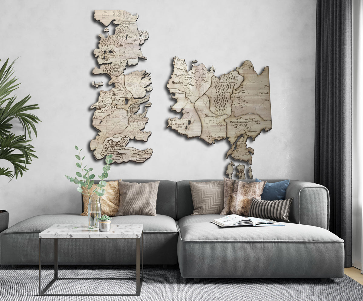 Mayan Corner - Westeros seven kingdom wooden map wall decor, Essos G.G Martin wall art, Game of Thrones details map wall decoration