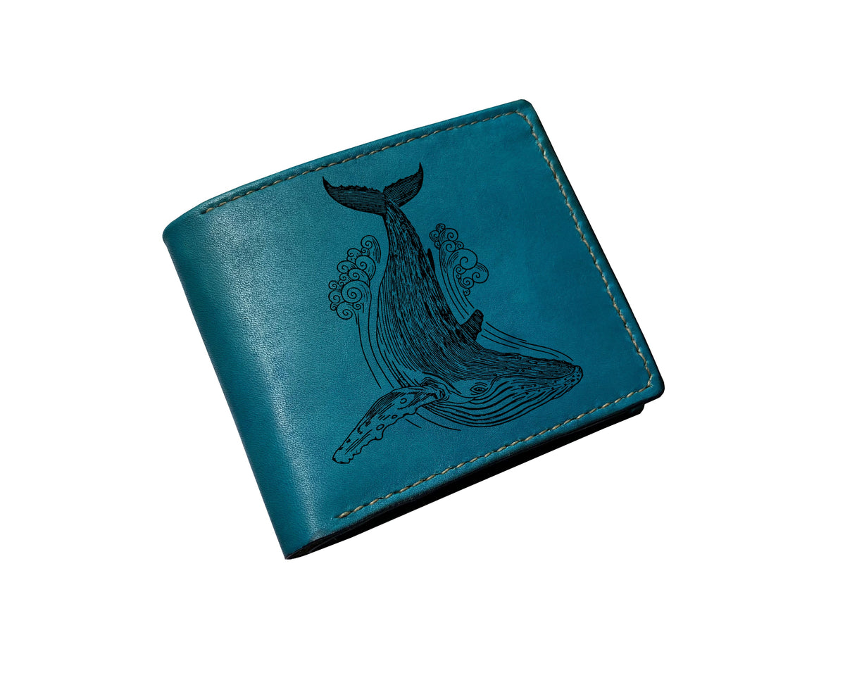 Mayan Corner - Purple leather wallet, whale drawing art wallet, ocean pattern gift, bifold long wallet, animal pattern wallet
