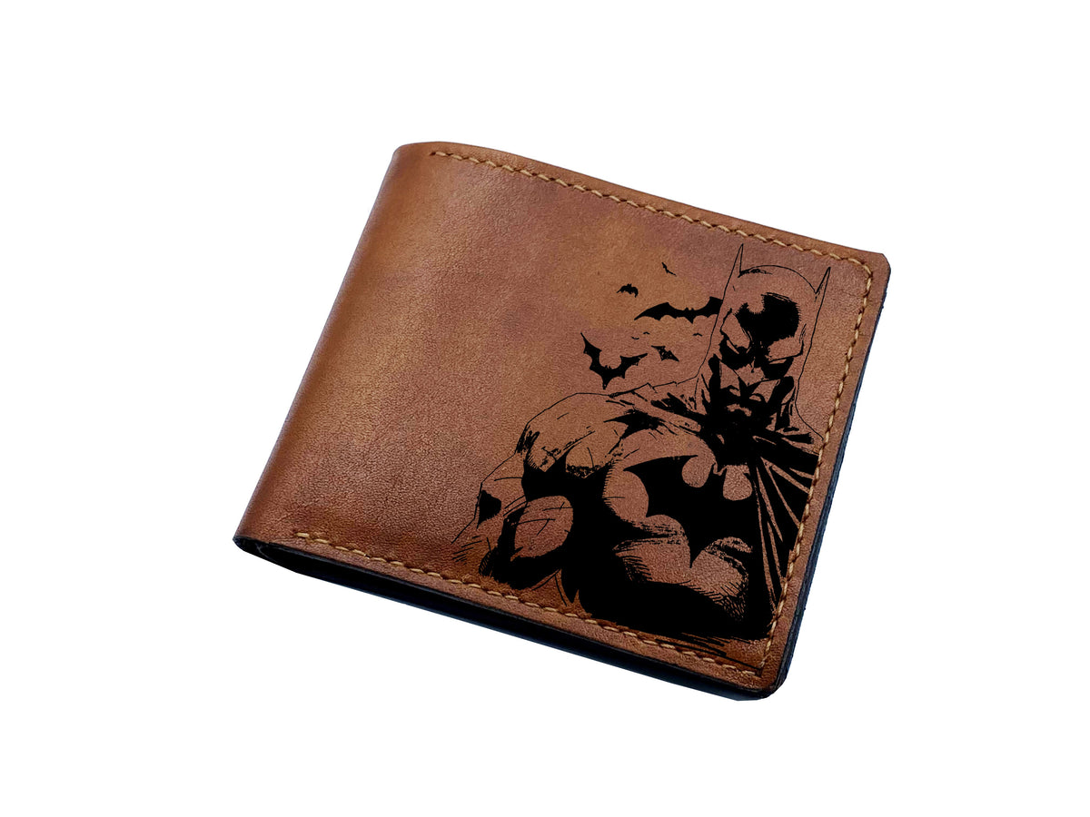 Mayan Corner - Custom batman leather wallet, engraving wallet with name initials, superheroes gift idea, special wedding present