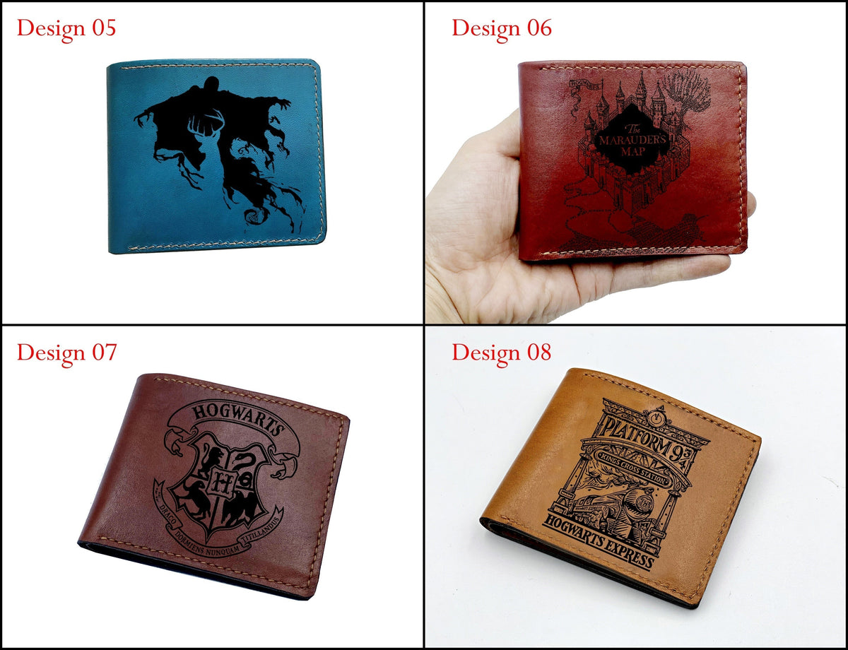 Mayan Corner - Customized leather handmade wallet, Harry Porter pattern art wallet, wizard movie drawing wallet, leather gift for him