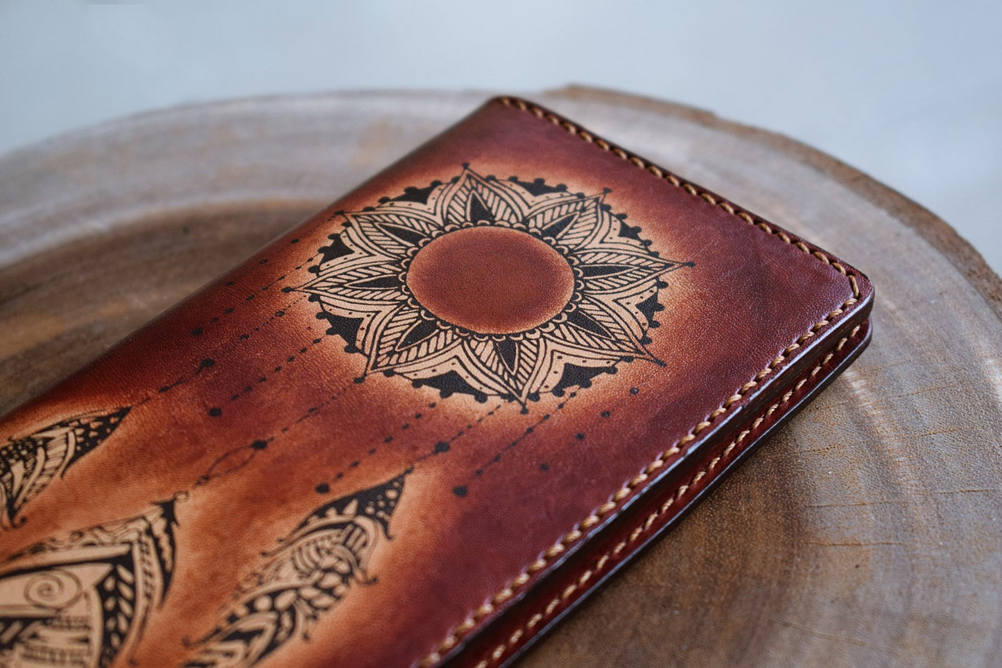 Floral Moon personalized genuine leather handmade bifold long women wallet, floral wallet for girls, moon and sun floral gifts for girlfriend, mother